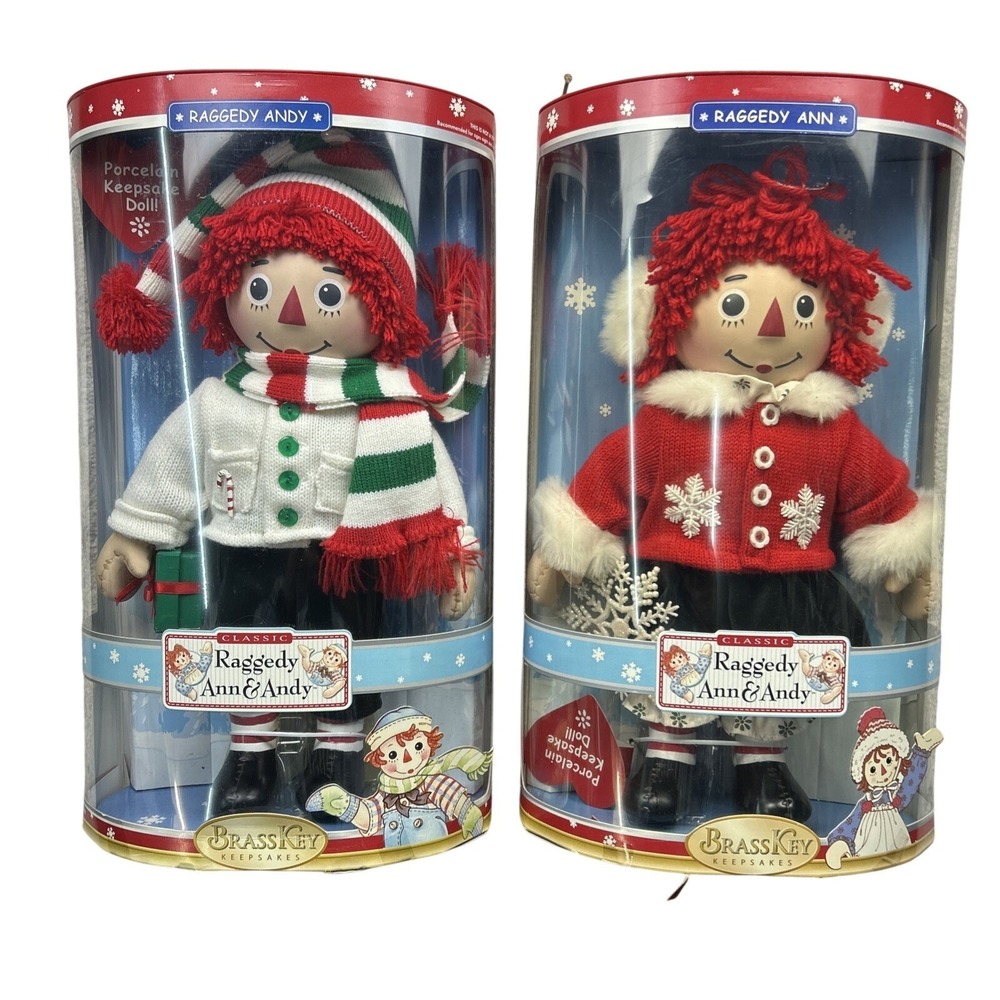 Brass Key Raggedy Ann Andy Porcelain Doll Set 15in Red White Winter Holiday Rare